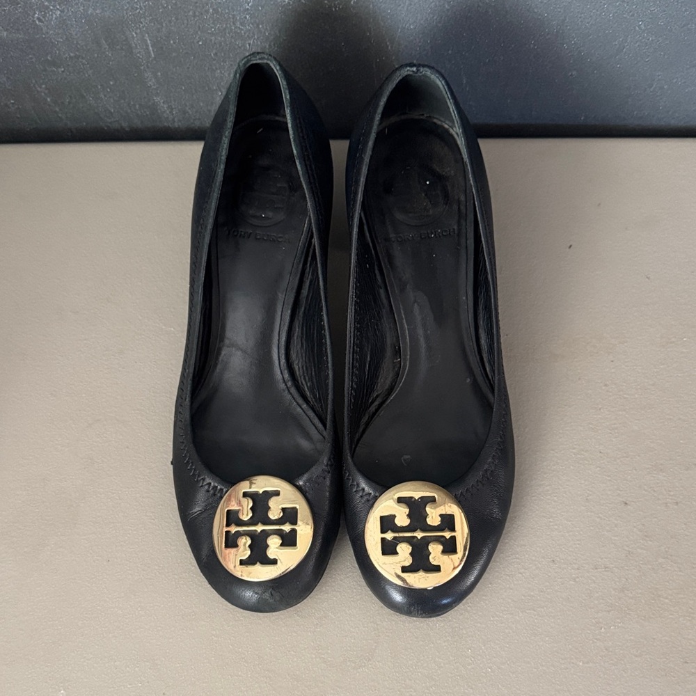 Tory Burch Black Leather Flats with Gold Accents